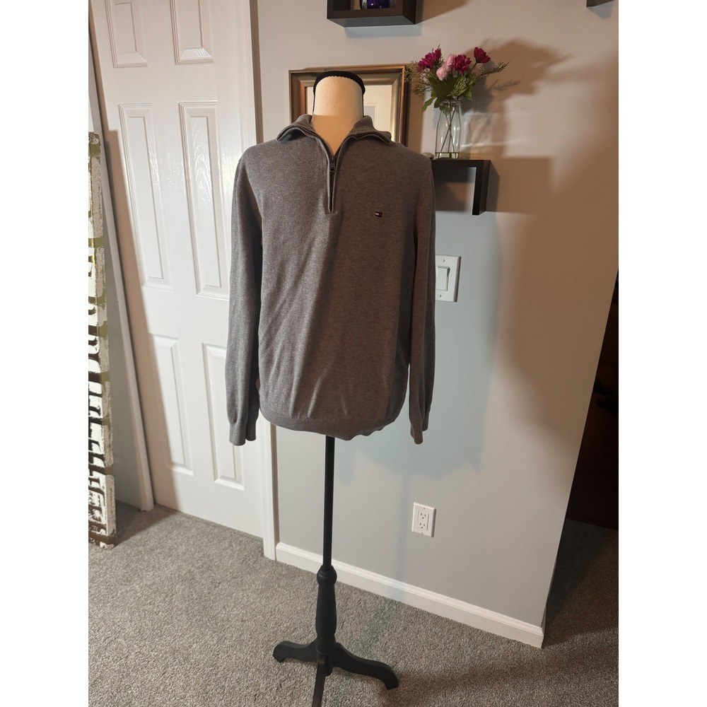 Tommy Hilfiger Mens Gray Cotton Quarter Zip Pullover Sweater Size M